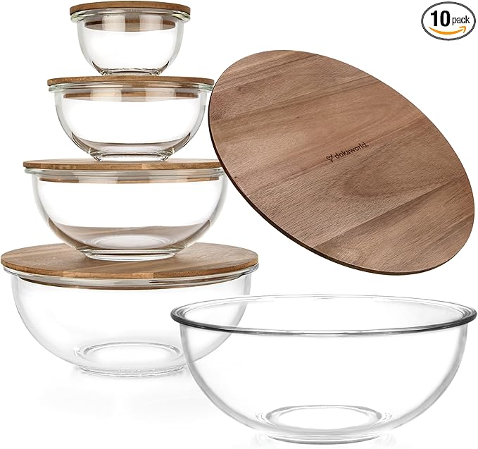 Stackable Space-Saving Set of 5 Nesting Glass Bowls with Acacia Lids for Foodprep, Storage, Mixing & Cooking - Microwave & Oven-ready BPA Free Durable Heat Resistant Inert Borosilicate Glass