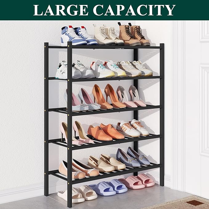 Smiry Bamboo Shoe Rack for Closet, 5 Tier Wooden Stackable Shoe Organizer, Free Standing Shoes Storage Shelf for Entryway, Front Door Entrance, Black
