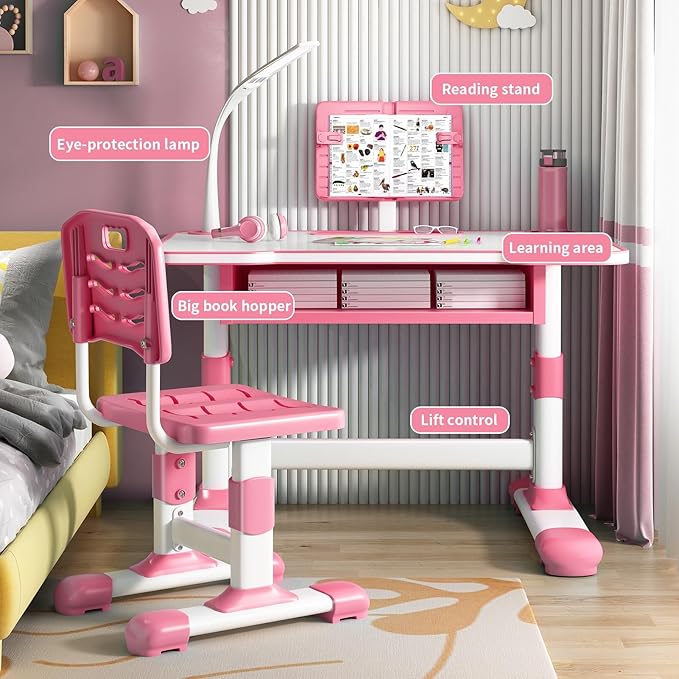 Study Desk Chair Set for Girl, Height Adjustable Toddlers Writing Table with Tiltable Reading Stand LED Table Light, Living Room Bedroom Children Learning Table with Extra Large Drawer Pink