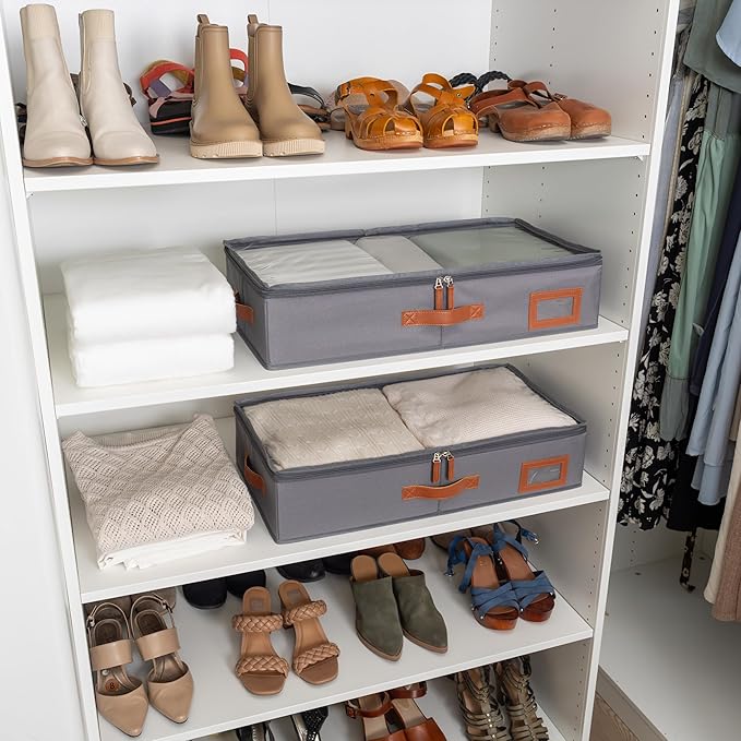 OrganiHaus Under Bed Storage Containers, Bedroom Storage and Organization Bins, Clothes Organizer for Closet with Clear Cover and Reinforced Handles - Set of 2 23.5x12.5x5 inches Gray