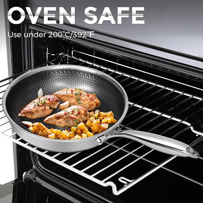 12 inches Frying Pan Nonstick Deep Sauté Pan and Lid, Non Stick Stainless Steel Pan Dishwasher and Oven-Safe, Compatible with All Cooktops