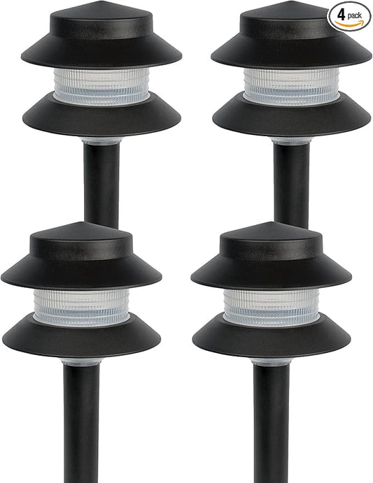 GreenLighting Paradise Low Voltage Landscape Pathway Lights - 2 Tier Outdoor Garden Lights - Easy, Simple Installation - Walkway, Lawn, Landscape Lighting (Black, 4 Pack)