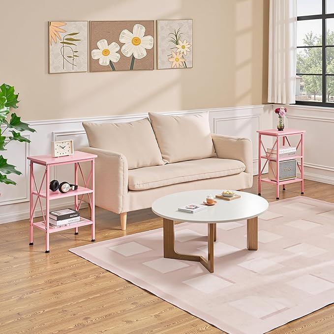 VECELO End Table, Bedside Table, 24" Tall Living Room End Tables, X-Design Reinforced Nightstands, Side Table with 3-Tier Storage Shelves for Small Spaces, Office, Bathroom, Bedroom, Pink
