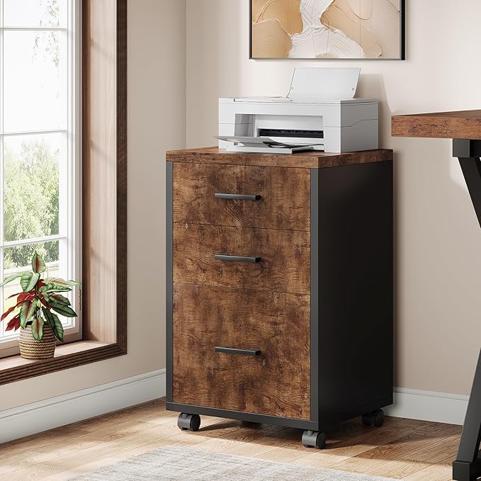 Triebsigns 3 Drawer File Cabinet, Wooden Office Filing Cabinet, Modern Rolling Printer Stand for Home Office, fits A4 or Letter Size, Under Desk (Brown)