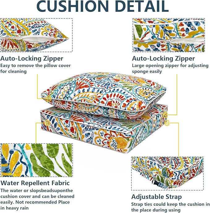 Outdoor Deep Seat Cushions Set 24 x 24 Inch for Patio Furniture,Water Resistant Chair Cushions Replacement Includes Seat Cushion & Back Pillow for Couch Sofa, Wicker Chair - Paisley Multi