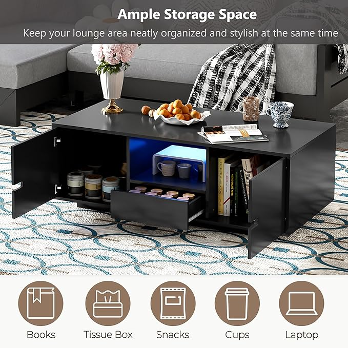 Modern High Gloss LED Coffee Table 47.2-Inch Wooden Center Cocktail Table with Storage & 16 Colors LED Light for Living Room, Black