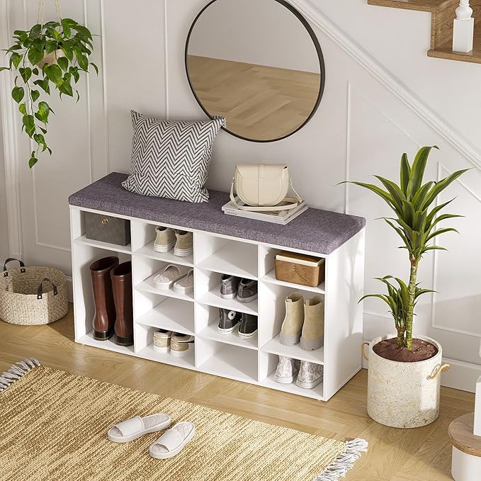 DINZI LVJ Shoe Storage Bench with Cushion, 16-Cubby Shoe Rack, Adjustable Shelves, Multifunctional Shoe Organizer Bench for Entryway, Mudroom, Hallway, Living Room, Bedroom and Garage, White