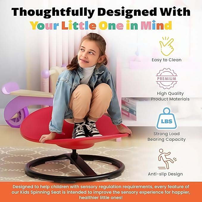 Sensory Spinning Chair for Kids with Autism - Round-Shaped Sensory Seat for Autism & ADHD, Promotes Balance, Focus & Core Strength - Sturdy Sit & Whirl Spinner for Home, School & Therapy Play (Red)