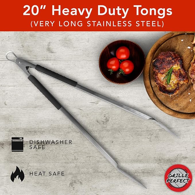 Grill Tongs 20-Inch Very Long Extra Heavy Duty for Grilling and Barbecue Heat Resistant Hand Grips Stainless Steel for BBQ Outdoor Kitchen and Cooking Hot Grilled Food