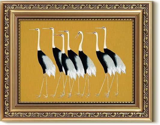 VIYYIEA Gold Framed Wall Art, Seven Cranes Canvas Print Home Decor Vintage Art Painting Picture Bathroom Wall Decor, Animals Artwork for Living Room Bedroom Kitchen Office - 10L x 8W
