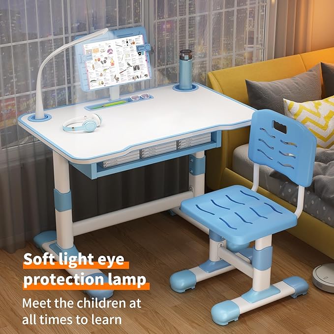 Study Desk Chair Set for Kids, Blue, Modern, Height Adjustable, Tiltable Reading Stand, Extra Large Drawer, LED Table Light