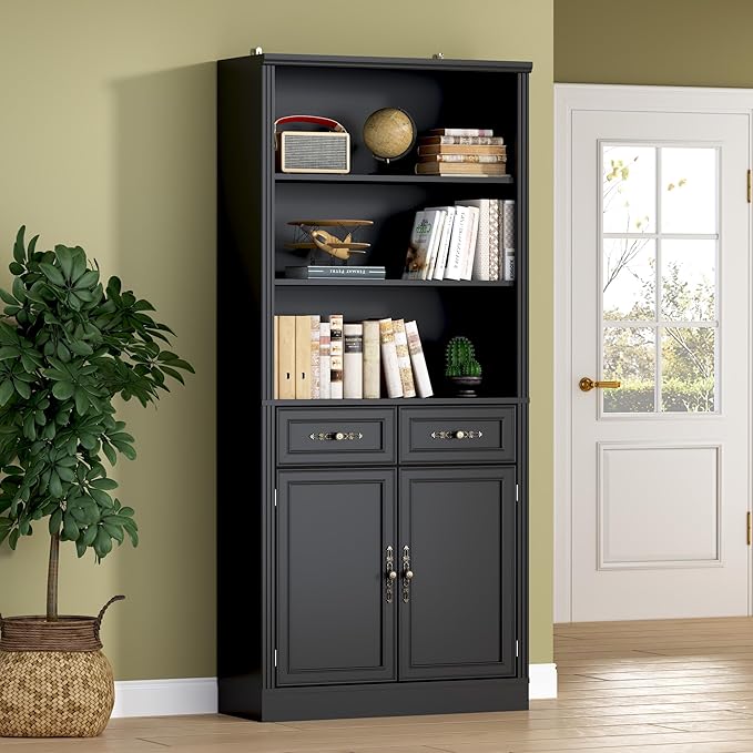 71.4" Tall Bookshelf with Drawers & Cabinet, 5-Tier Floor Standing Bookcase with Storage Doors, Adjustable Shelves & Metal Handles, 31.5" Wide Organizer for Home Office, Living Room