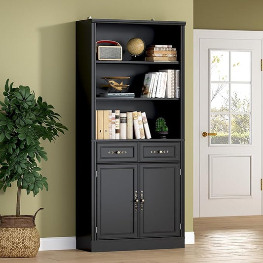 71.4" Tall Bookshelf with Drawers & Cabinet, 5-Tier Floor Standing Bookcase with Storage Doors, Adjustable Shelves & Metal Handles, 31.5" Wide Organizer for Home Office, Living Room