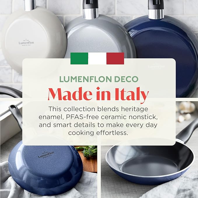 Deco 8” Nonstick Frying Pan Skillet, Made in Italy, Diamond Ceramic PFAS-Free, Dishwasher & Metal Utensil Safe, Durable Gloss Enamel Finish, Stay-Cool Handle, High Walls-Extra Room, Blue