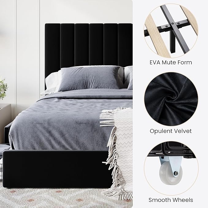 SHA CERLIN Full Size Platform Bed Frame with 4 Storage Drawers, Vertical Channel Tufted Adjustable Headboard, Velvet Upholstered, Wooden Slats Support, No Box Spring Needed, Easy Assembly, Black