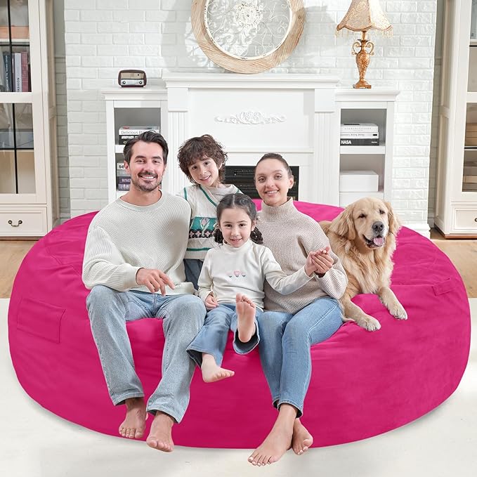 7FT Bean Bag Chair, Large Bean Bag Chairs with Memory Foam Filled, Fluffy Beanbag Sofa with Dutch Velvet Cover, Round BeanBag Chairs for Living Room, Playroom - Pink