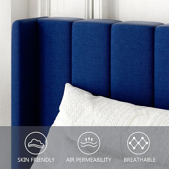 Queen Size Bed Frame with Upholstered Wingback Headboard, Easy Assemnly Platform Bed, Wooden Slat Support No Box Spring Needed, Navy Blue