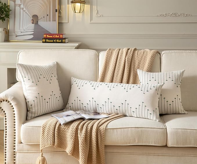 Boho Lumbar Pillow Cover 14x36 Long Pack of 1 Decorative Pillows Bed, Beige with Green Body Throw Pillow Covers, for Modern Farmhouse Sofa Bedroom Living Room Home Decor Couch Pillowcase