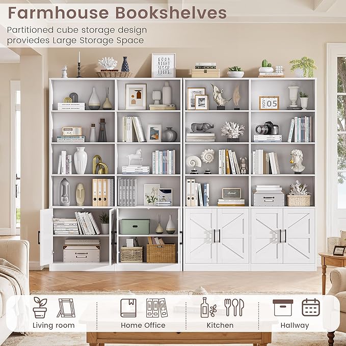 White Bookshelf and Bookcase with 4 Doors, 6 Tier Large Book Shelf with Storage Cabinets, Modern Floor Standing Display Shelves, 71” Tall Book Case for Living Room, Home Office, Library