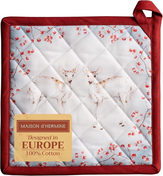 Maison d' Hermine Pot Holders 100% Cotton Heat Resistant Potholders 8" x 8" Hot Pads with Loop for Thanksgiving Christmas Decorations BBQ Cooking Handling Hot Pans (Pack of 1, Fairy Tale Forest)