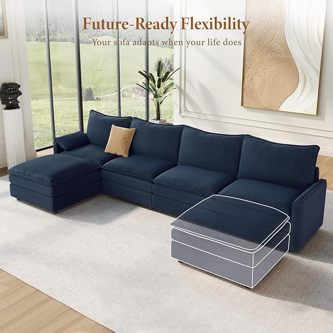 Vesgantti 142" Cloud Couch Sectional Modular Sofa, Comfy Sectional Couch with Ottoman Deep Seat Chenille L Shaped Sofa, Modular Couches for Living Room, Bedroom and Apartment, Blue
