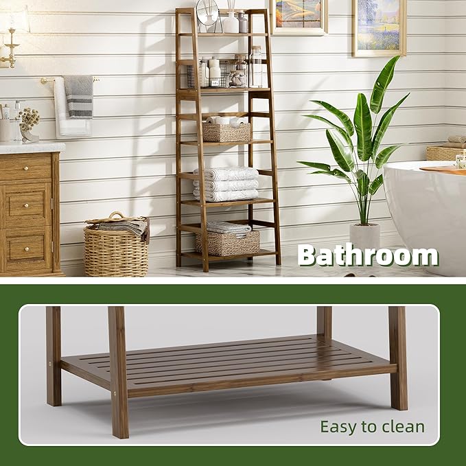Ladder Shelf, 5-Tier Bookshelf, All Bamboo Heavy Duty Bookcase, Freestanding Open Wood Storage Rack, Modern Corner Display Plant Stand for Living Room, Home Office, Bathroom, Bedroom, Walnut