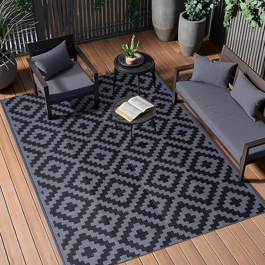 OLANLY Waterproof Outdoor Rug 5x8 ft, Outdoor Plastic Straw Rug for Camping, RV Mat Outside, Indoor Outdoor Carpet for Porch, Deck, Backyard, Balcony, Picnic, Black & Grey