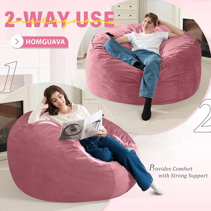 Homguava 4 FT Bean Bag Chair: 4' Bean Bags with Memory Foam Filled, Large Beanbag Chairs Soft Sofa with Dutch Velvet Cover-Dusty Pink
