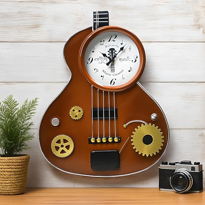 Guitar Wall Clock – Retro Brown Metal Guitar-Shaped Clock with Gears, Silent Non-Ticking, Music Room Decor for Musicians, Music Lovers, Men, Teens, 16"