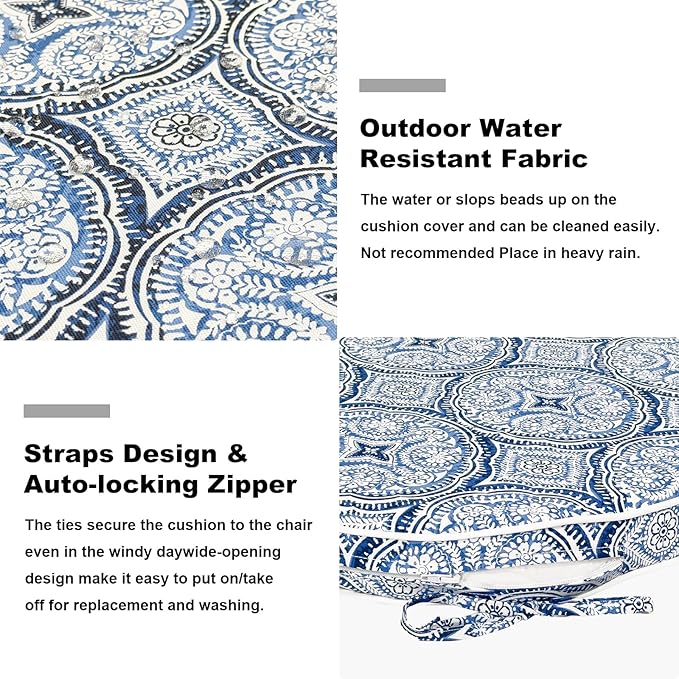 Set of 2 Outdoor Chair Cushions 19"x19"x2",Water Repellent Dining Seat Cushion with Ties and Removable Covers, Chair Cushions for Indoor and Patio Furniture, Medallion Blue