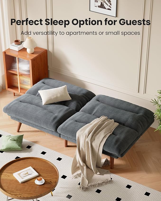 Pipishell Futon Sofa Bed, Modern 66" Futon Couch Convertible to Bed & Lounger, Compact Size, Comfortable Cushions, Durable Construction - Fits Small Spaces, Corduroy (Volcanic Gray, 66 Inch)