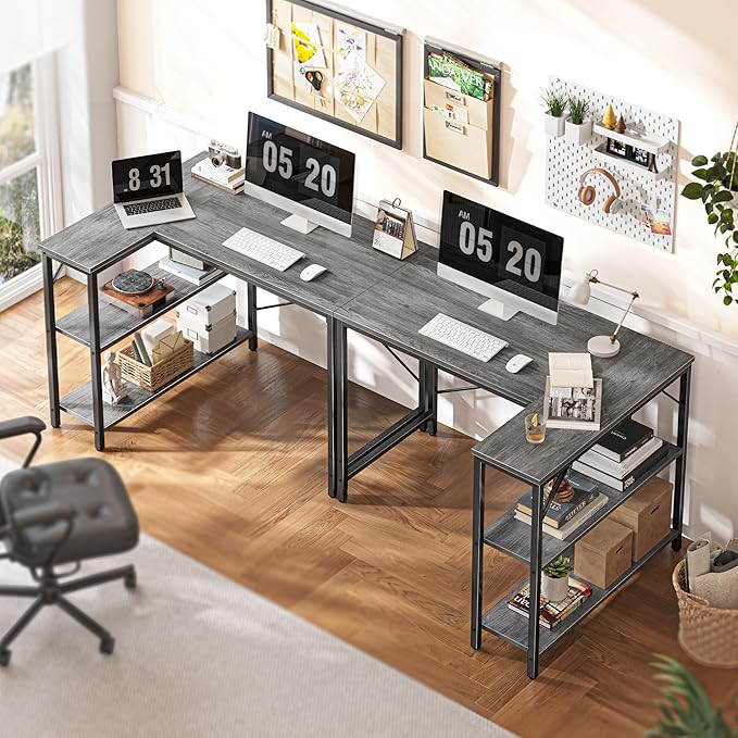 Huuger L Shaped Desk, 39 Inches Computer Desk with Reversible Storage Shelves, for Gaming Corner Home Office Writing Study, Metal Frame, Gray