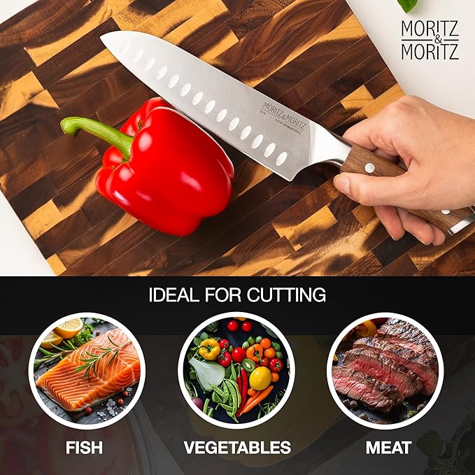 Moritz & Moritz 7-Inch Santoku Knife – Japanese Chef Knife with German Steel Blade, Acacia Wood Handle, Professional Kitchen Knives for Meat, Vegetables, Sushi, Chopping & Slicing