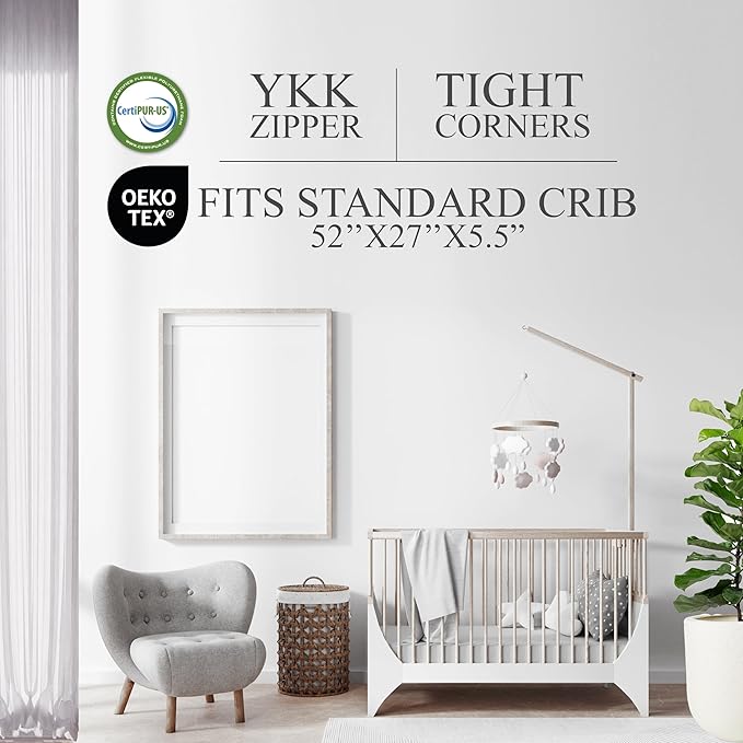 Organic Cotton Dual-Sided Crib Mattress | 2-Stage Premium Memory Foam CertiPUR-US Hypoallergenic Baby Mattress, Firm Support for Infant, Cooling Gel for Toddler, Waterproof Washable Cover, (Blue)