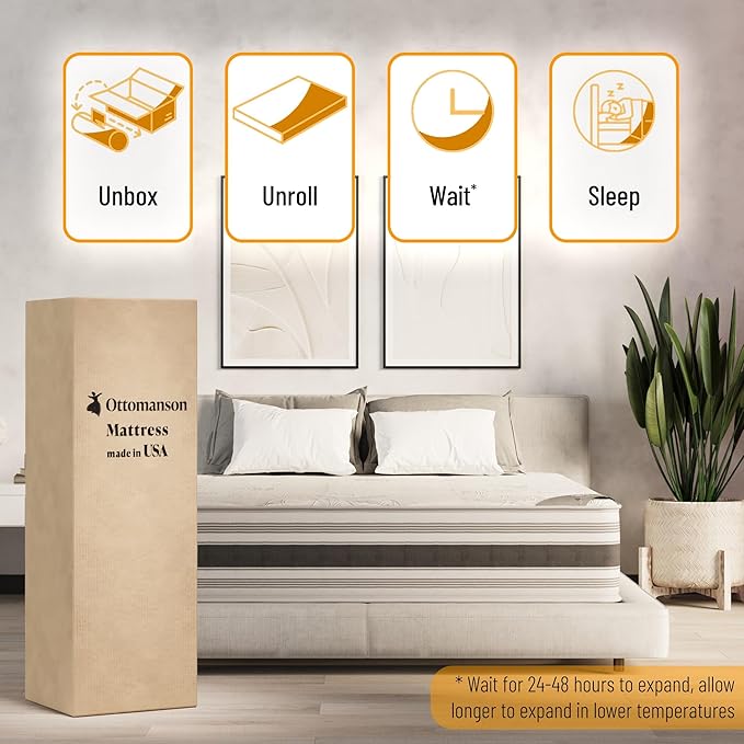 Ottomanson Twin 12" Hybrid Mattress - Meditation Antistatic Quilted Cover - Made in USA - Firm Support - Individually Pocketed Coils & CertiPUR-US Foam - Fiberglass-Free - Bed in a Box