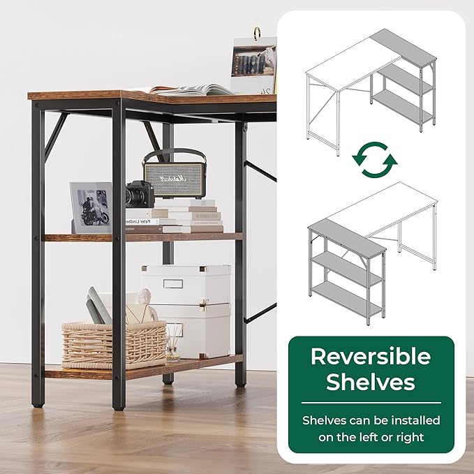 Huuger L Shaped Desk, 55 Inches Computer Desk with Reversible Storage Shelves, for Gaming Corner Home Office Writing Study, Metal Frame, Rustic Brown