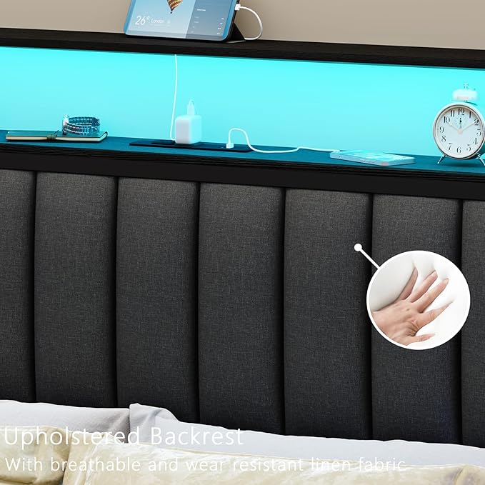 Furnulem Queen Size Bed Frame with Charging Station and LED Lights, Platform Bed with Metal Slats, Grey Upholstered Headboard with 2-Tier Storage Shelves, No Box Spring Needed