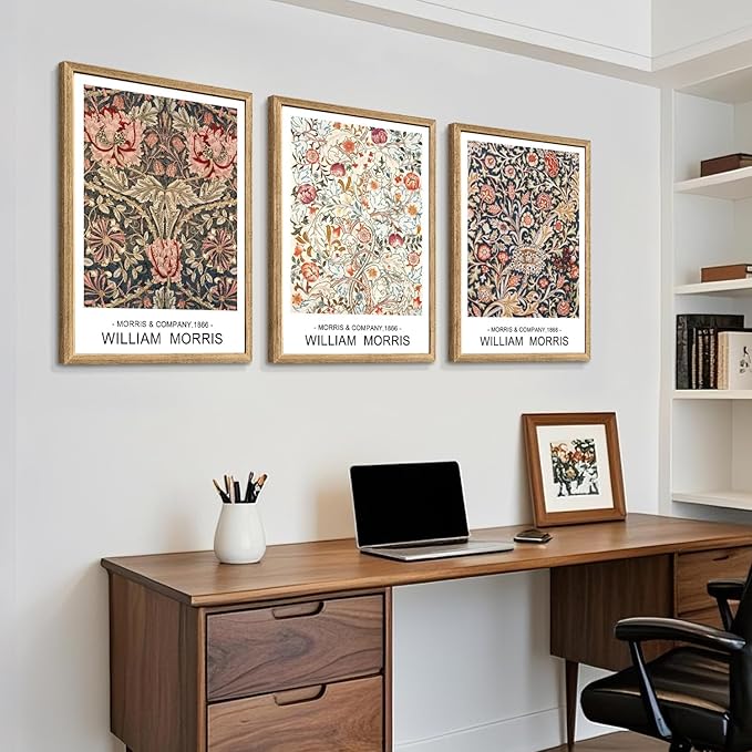 Cyebmo Wood Framed William Morris Wall Art Set of 3, Rustic Farmhouse Floral Wall Decor, Retro Flower Plants Aesthetic Picture, Vintage Botanical Art Prints for Living Room Bedroom Bathroom 12"x16"x3