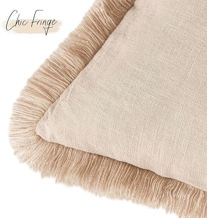 Foindtower Set of 2 Decorative Linen Fringe Throw Pillow Covers Boho Farmhouse Cushion Cover with Tassels Soft Accent Pillowcase for Couch Chair Sofa Bed Living Room Home Decor,20×20 Inch,Tan Beige