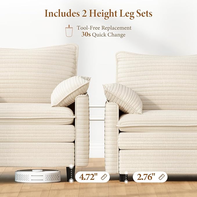 Vesgantti Large Modular Sectional Sofa, Big Comfy Cloud Couch with Ottoman Deep Seat Corduroy Cloud Sofa, 8 Seater Large Sectional Couches for Living Room, Bedroom and Apartment, Beige