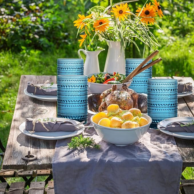 Set of 8 Hobnail Drinking Glasses Vintage Blue Glassware - 4 Highball Glasses 14 oz, 4 Rocks Glass Cup 11 oz, Embossed Old Fashioned Glassware for Water,Wine,Beer,Juice, (Cornflower Blue)