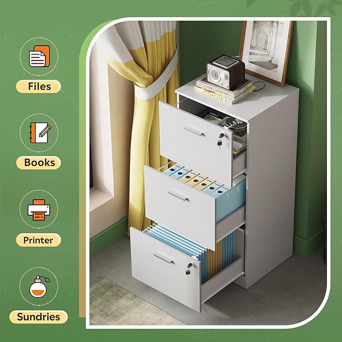 DEVAISE 3 Drawer File Cabinet with Lock, Vertical Wood Filing Cabinet for Home Office, Printer Stand for Letter and A4 Size, White