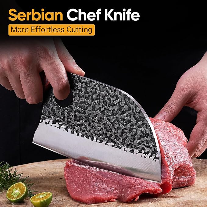 Butcher Knife Set, 3PCS Hand Forged Meat Cleaver, Sharp Serbian Chef Knife & Kitchen Knives & Viking Knives Set for Meat Cutting, Boning Knives for Home、Camping、BBQ Gifts Idea Men
