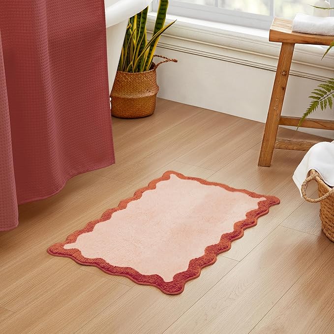 MONDAY MOOSE Bath Mat with Scalloped Wavy Ripple Design, Microfiber Absorbent Non Slip Tufted Rug for Floor, Shower or Kitchen (20x32 inch, Blush)