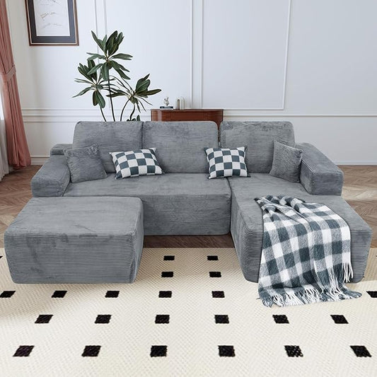 Rovibek 108” Modular Sectional Sofa with Chaise, Boneless Couches for Living Room with Deep Seat & Throw Pillow, Comfy Corduroy Fabric U Shaped Couch, No Assembly Required, Grey