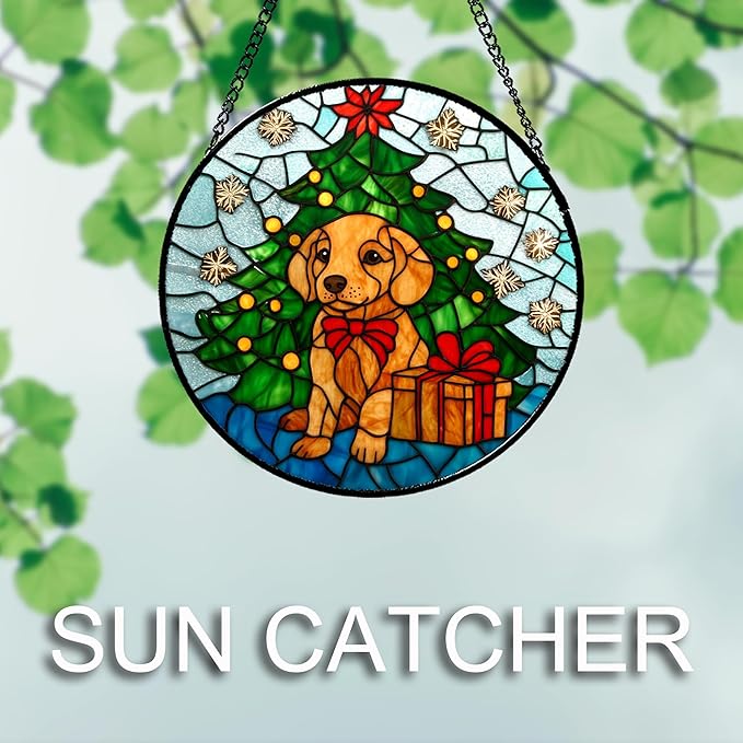 Stained Glass Window Hanging Green Christmas Tree Snowflake Dog 9.8" - Suncatcher Door Garden Sun Catcher Xmas Holiday Decor Birthday for Mom Men Woman Friend Nana