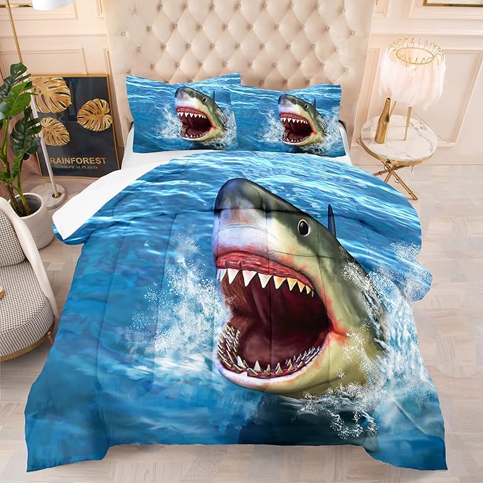 Tailor Shop Big Shark Comforter Set for Boys Teens Shark Open Big Mouth Blue Ocean Comforter Shark Bedding Set Full Size with 1 Comforter 2 Pillowcases…