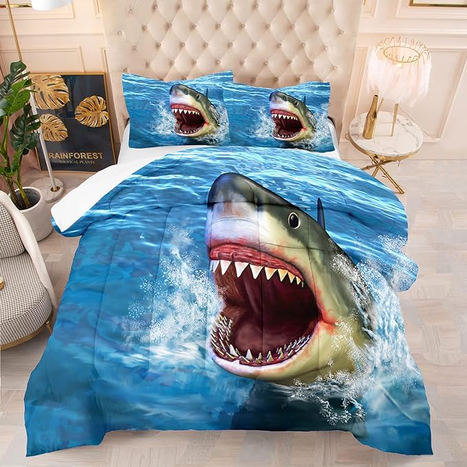 Tailor Shop Big Shark Comforter Set for Boys Teens Shark Open Big Mouth Blue Ocean Comforter Shark Bedding Set Queen Size with 1 Comforter 2 Pillowcases…