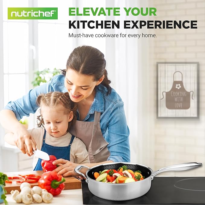 NutriChef 3.4QT Deep Frying Pan with Lid - Stainless Steel Non-Stick Saute Pan, Scratch-Resistant Honeycomb Texture, Oven & Induction Safe Skillet