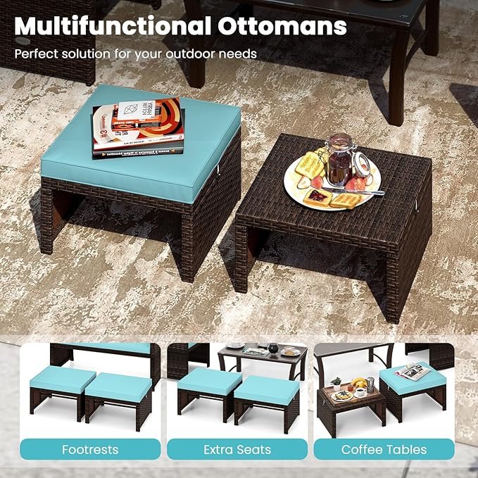 Tangkula 6 Pieces Patio Furniture Set, Outdoor Sectional Conversation PE Rattan Sofa Set with 1 Loveseat, 1 Coffee Table, 2 Armchairs and 2 Ottomans for Garden, Deck, Backyard and Poolside (Turquoise)